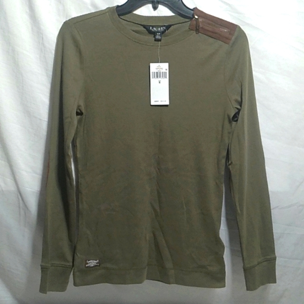 (BX47) NWT Lauren Ralph Lauren Suede Patch Sleeve Shirt Sz.S